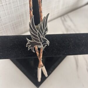Vintage Eagle Bolo Tie Pewter EJC Eagle Jewelry Co w/ Leather Tie 2.5" x 1.5" A